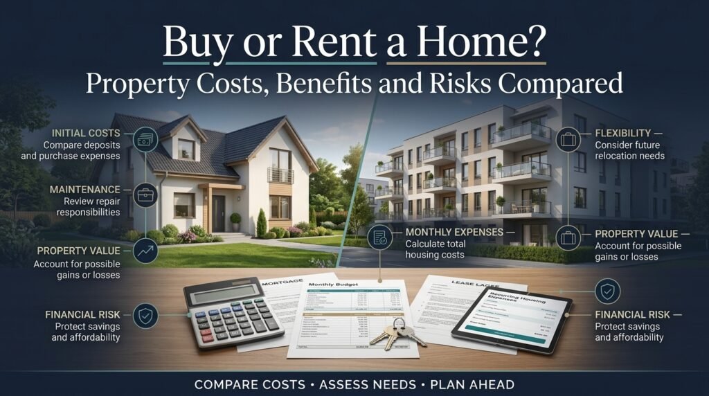 Buy versus rent comparison infographic showing homeownership costs, rental flexibility, maintenance responsibilities, property appreciation, and financial risks.