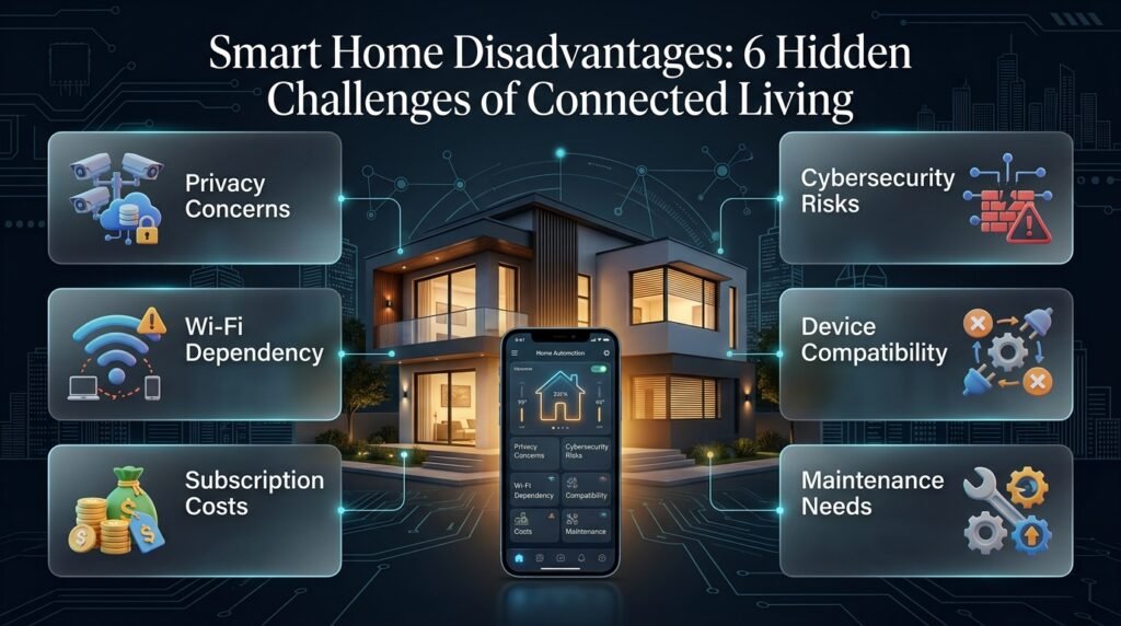 Smart home disadvantages infographic featuring a connected house, privacy risks, Wi-Fi dependence, security concerns, subscription costs, and maintenance challenges.