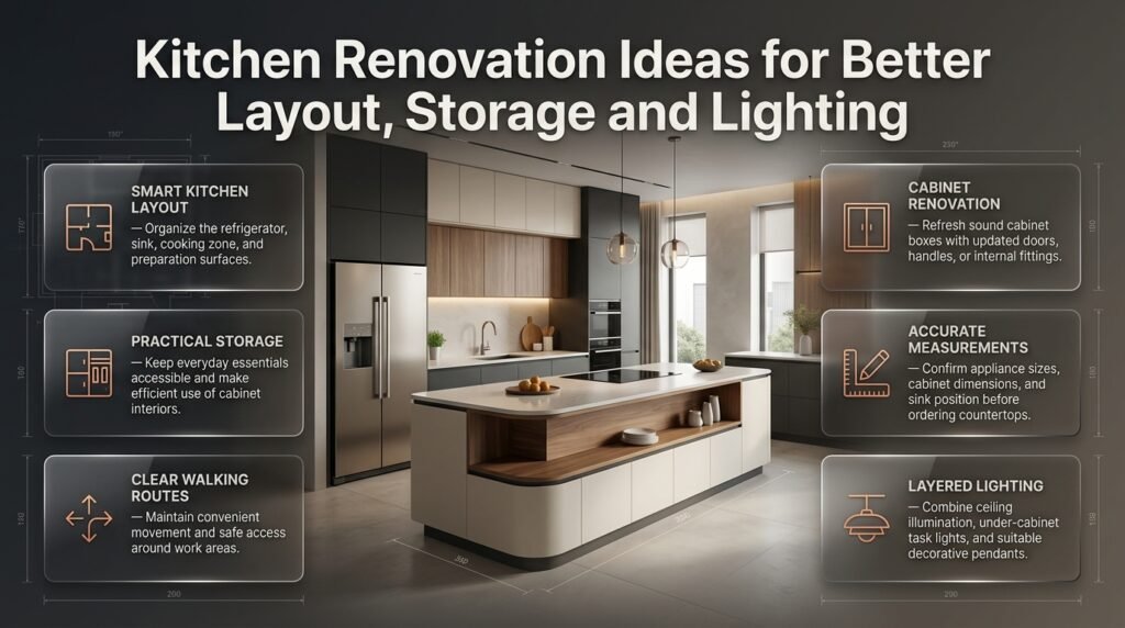 Kitchen renovation ideas featuring an efficient layout, smart cabinet storage, durable countertops, and layered lighting for a functional modern kitchen.