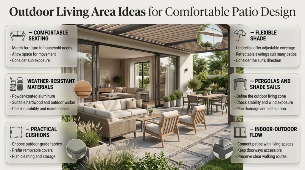 Outdoor living area ideas featuring weather-resistant patio furniture, comfortable lounge seating, a pergola for shade, outdoor cushions, and a seamless indoor-outdoor connection.
