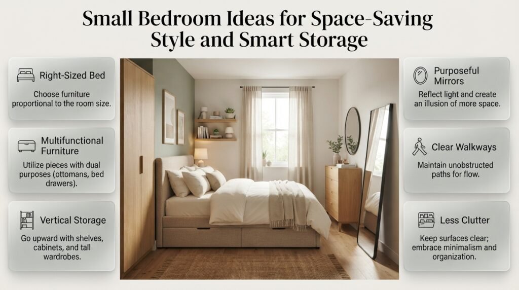 Small bedroom ideas featuring space-saving furniture, vertical storage, a multifunctional bed, wall mirrors, and a bright, uncluttered layout.