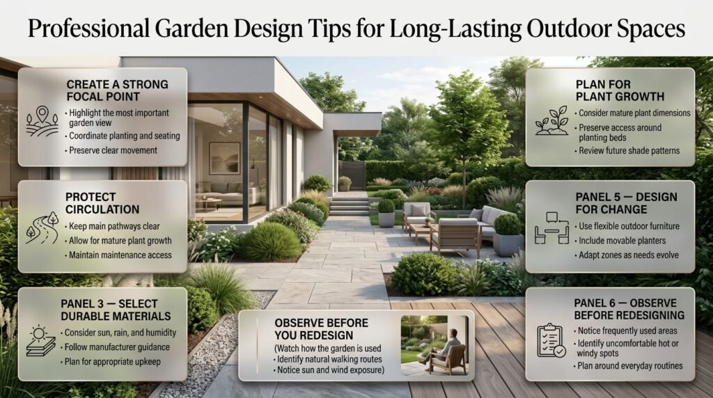 Professional garden design featuring durable outdoor materials, clear pathways, mature planting, flexible patio furniture, and a thoughtfully planned landscape for long-term use.