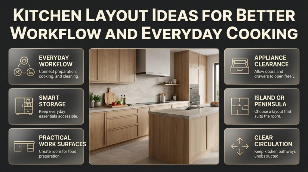 Modern kitchen layout featuring an efficient work triangle, organized storage, spacious countertops, appliance clearance, and practical food preparation zones.