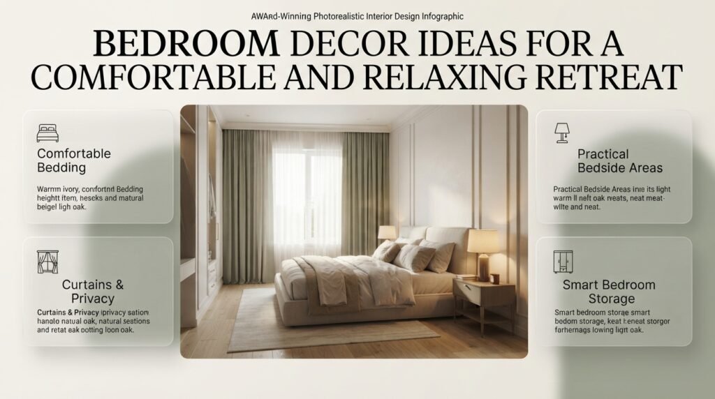 Bedroom decor ideas featuring a cozy bed with layered bedding, elegant curtains, warm bedside lighting, coordinated colors, and practical storage.