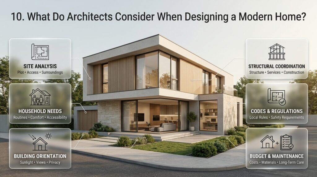 Modern residential architecture showing a carefully planned contemporary home, site orientation, natural lighting, functional layouts, and coordinated building design.