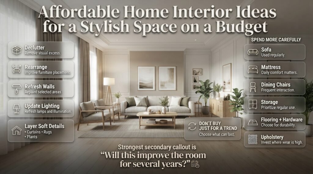 Affordable home interior ideas showing decluttering, furniture rearrangement, paint, lighting, storage, rugs, plants, and careful spending.