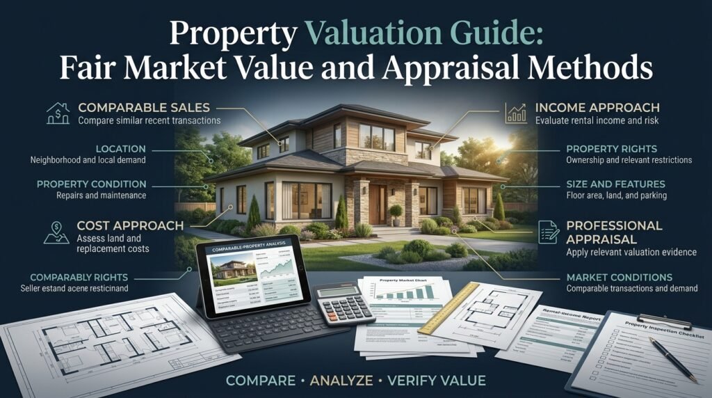 Property valuation guide comparing fair market value, comparable sales, rental income analysis, replacement costs, and professional property appraisals.