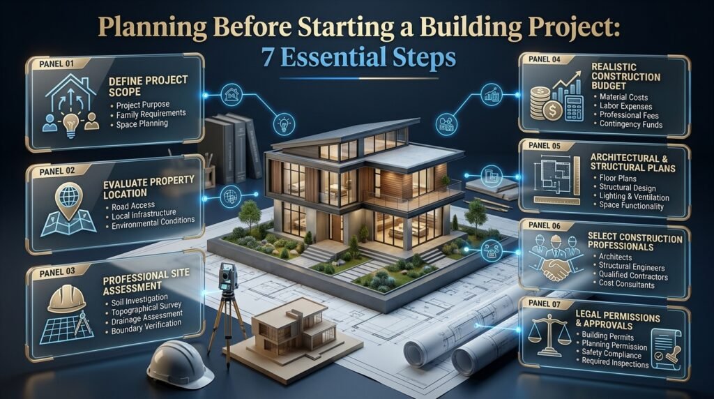 Building project preparation with site assessment, budgeting, architectural plans, professional selection, and legal construction approvals.