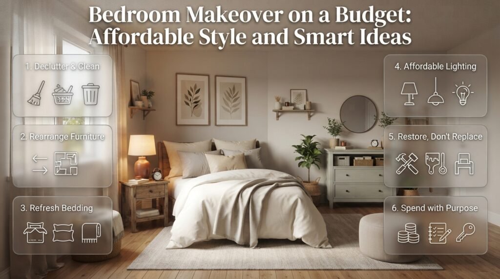 Bedroom makeover on a budget featuring rearranged furniture, refreshed bedding, affordable lighting, organized storage, and stylish neutral decor.