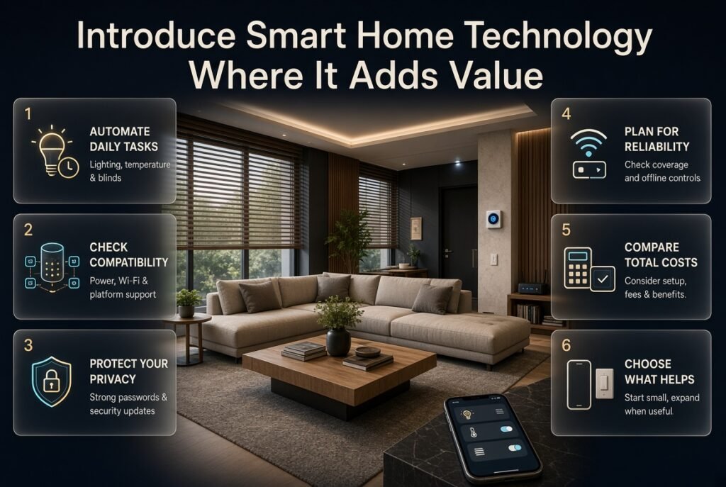 Modern smart home technology featuring automated lighting, smart blinds, a connected thermostat, security sensors, and convenient home controls.