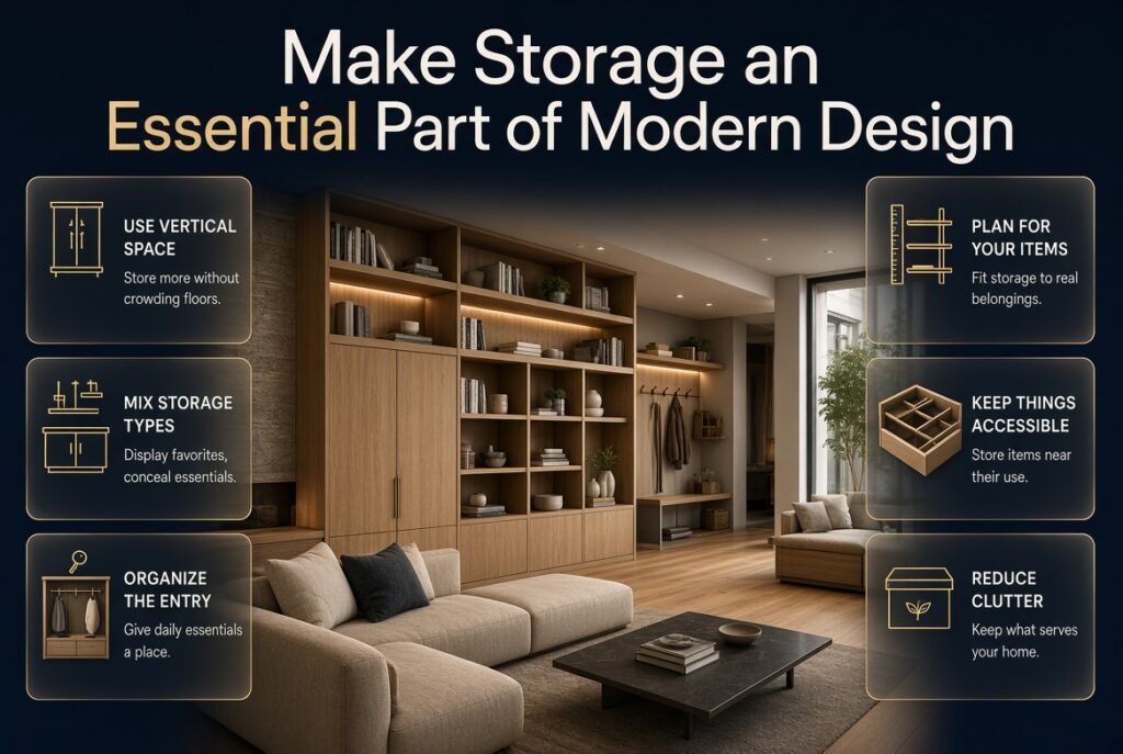 Modern home storage ideas featuring floating shelves, built-in cabinets, organized entryway storage, and stylish solutions for clutter-free living.