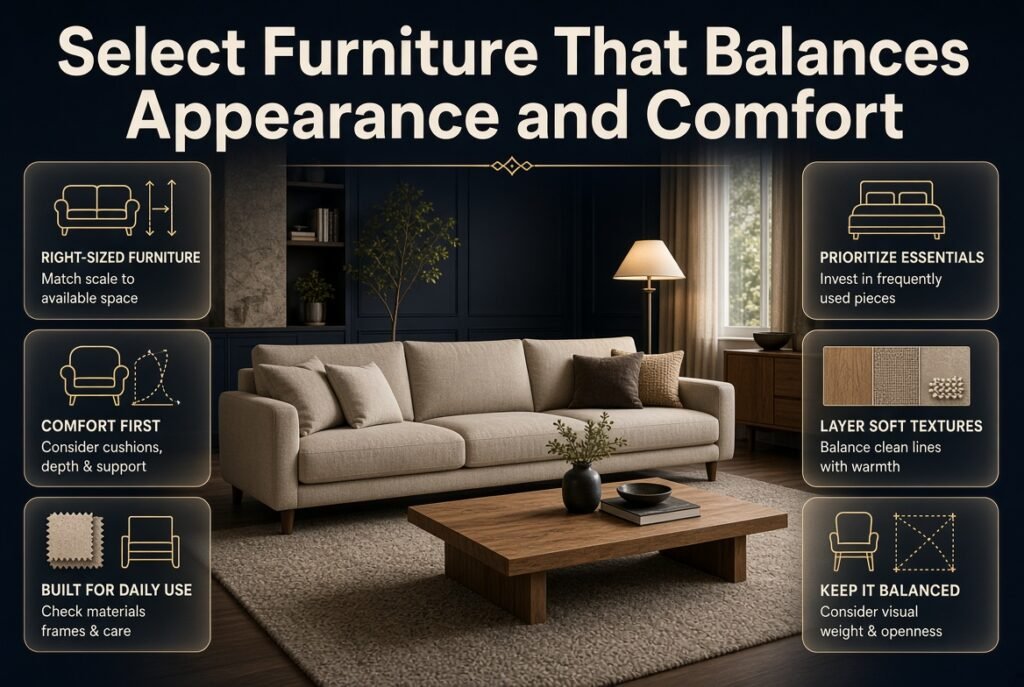 Modern furniture ideas featuring a comfortable sofa, proportionate coffee table, textured cushions, natural wood, and stylish functional seating.