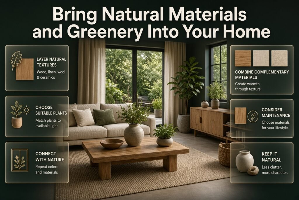 Modern natural home decor featuring warm wood furniture, indoor plants, linen curtains, textured rugs, and organic materials in a bright living room.
