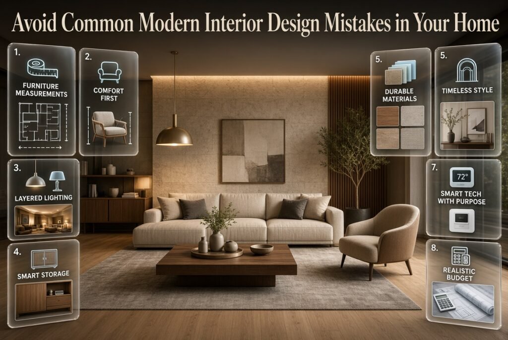 Modern interior design mistakes infographic showing poor furniture placement, cluttered storage, unsuitable lighting, material choices, and practical ways to create a comfortable, balanced home.