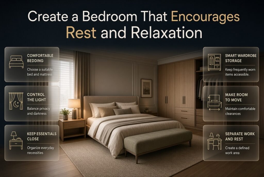Modern bedroom design featuring a comfortable bed, soft layered bedding, blackout curtains, warm bedside lighting, and practical wardrobe storage.